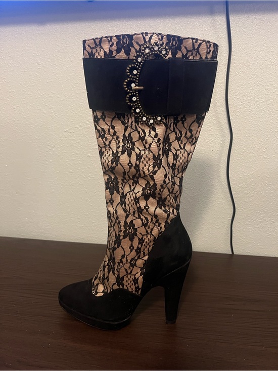 Hale Bob Shoes - Hale Bob Black Lace-Overlay High Heel Knee Boot with Embellished Buckle